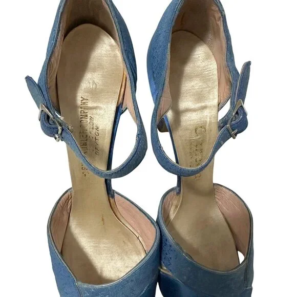 Vintage 1930s Cornelia Handmade Blue Silk Ankle Strap Pumps Rike-Kumler Dayton